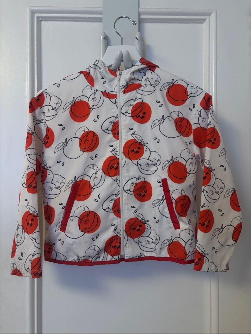 SHEIN White Hooded Jacket with Red Apple Print